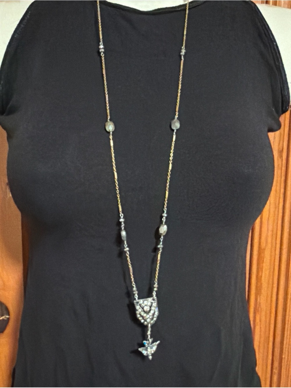 CAbi Gold-Tone Long Necklace with Gray Beads and Ornate Pendant